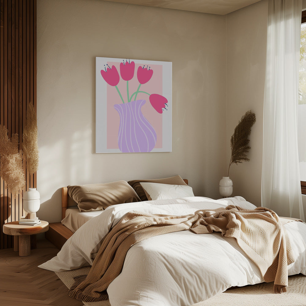 Leuchtende Tulpen in einer gestreiften Lavendelvase | Leinwand