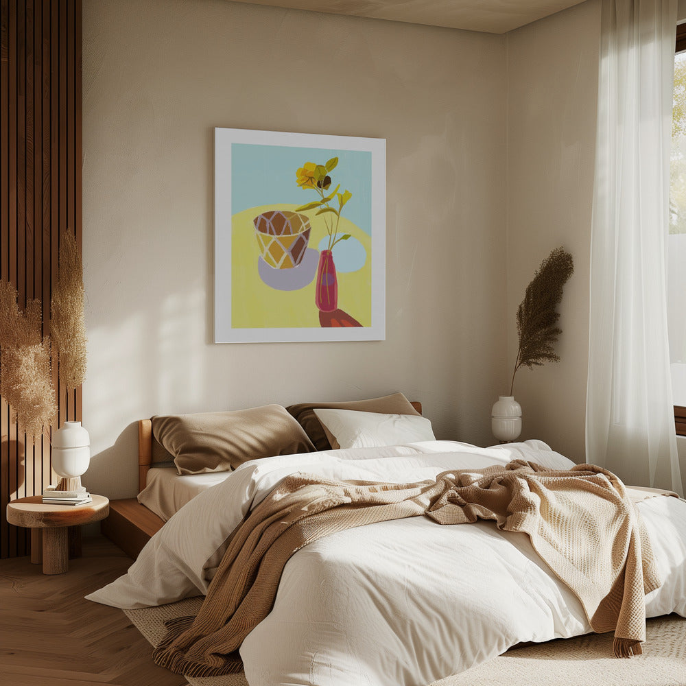 Gelbe Blumen in einem roten Topf | Leinwand