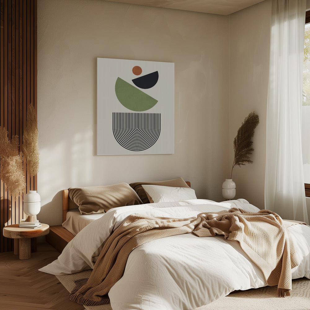 Geometrische Formen in Grün, Schwarz und Orange | Leinwand