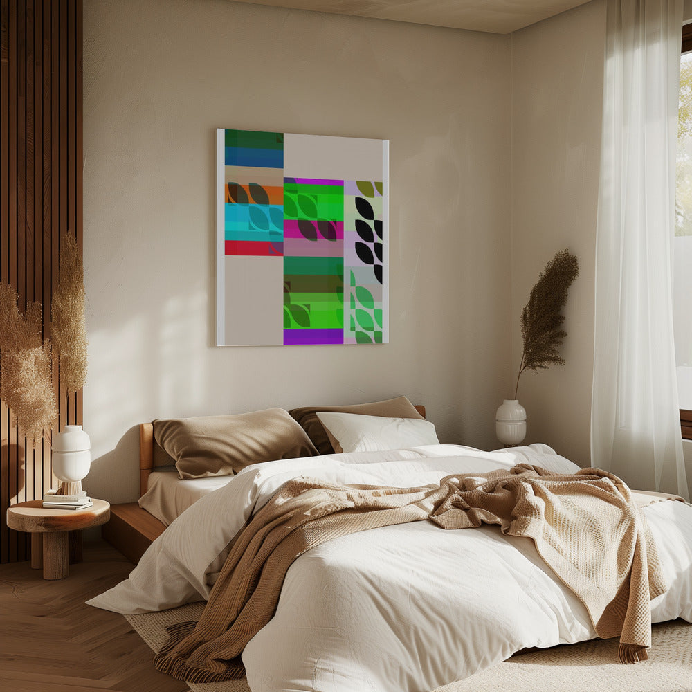 Lebendige geometrische Formen und Blattmuster | Leinwand