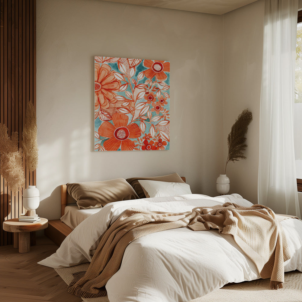 Red Daisies With Aqua | Canvas