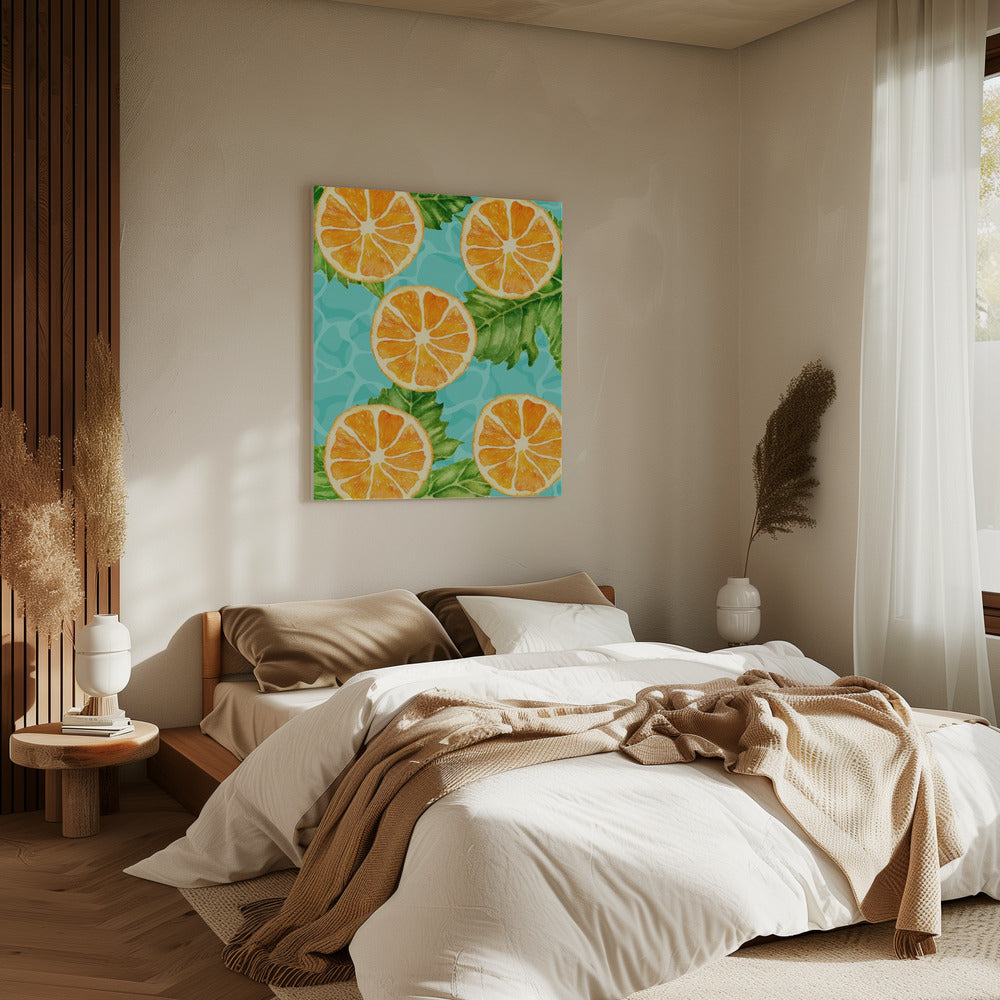 Lebendiges ästhetisches Muster aus Orangenscheiben und Blättern – Erfrischendes Sommer-Aquarell | Leinwand