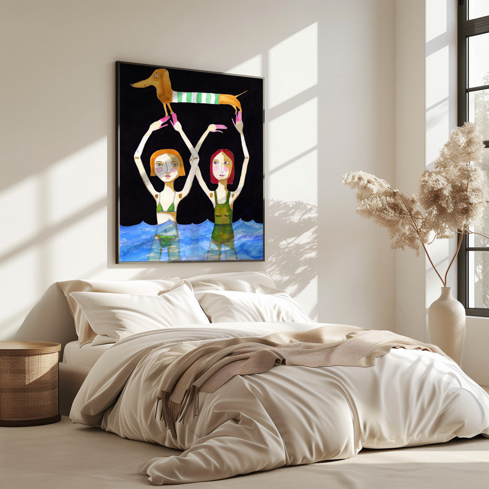 Schwimmende Mädchen mit Dackel | Poster