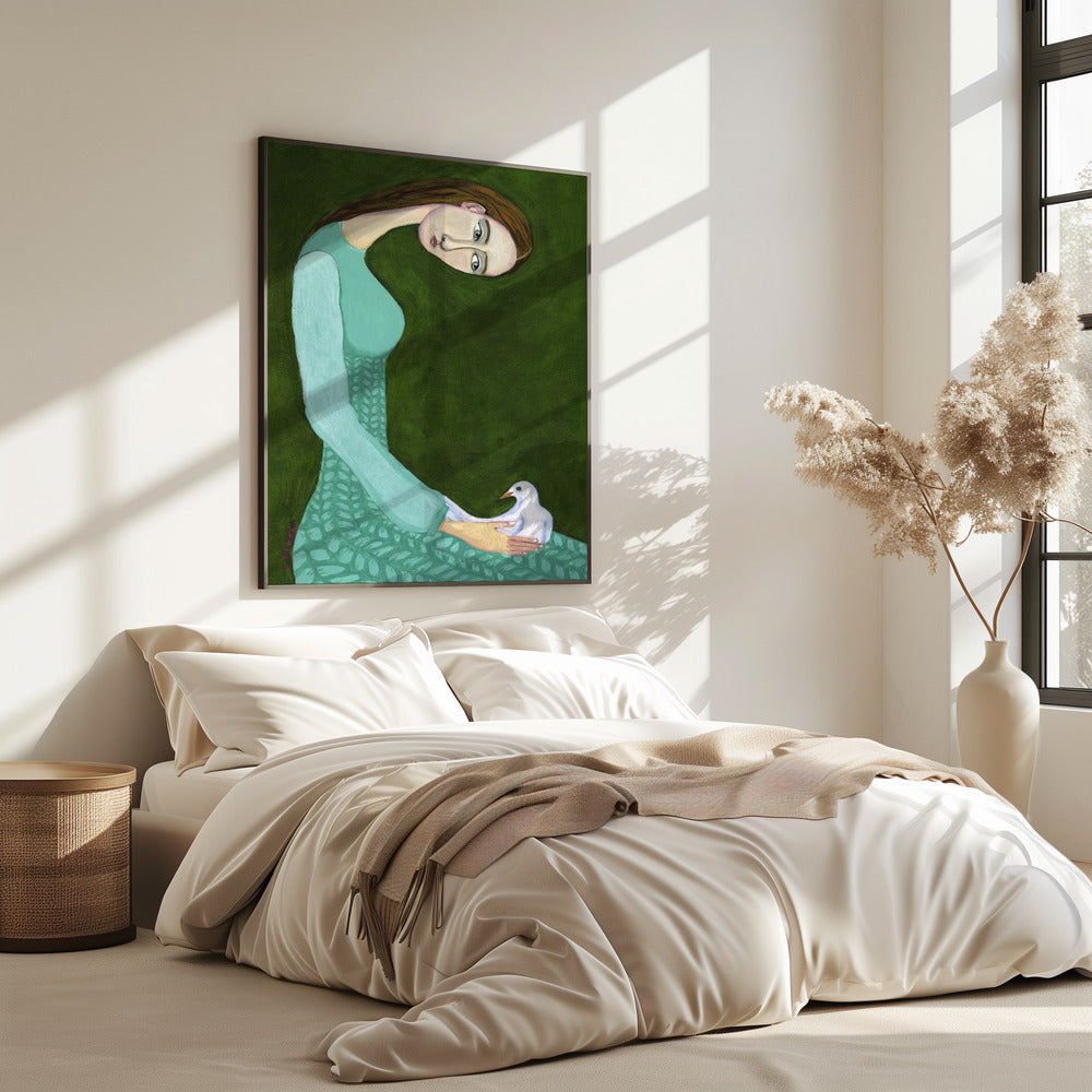 Dame sitzt mit weißer Taube Vogel Frau | Poster