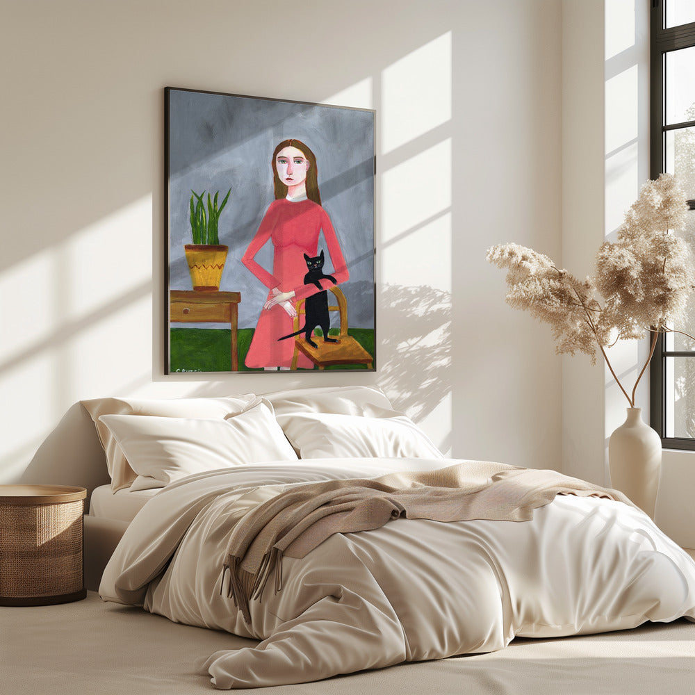 Katzendame mit schwarzer Katze | Poster