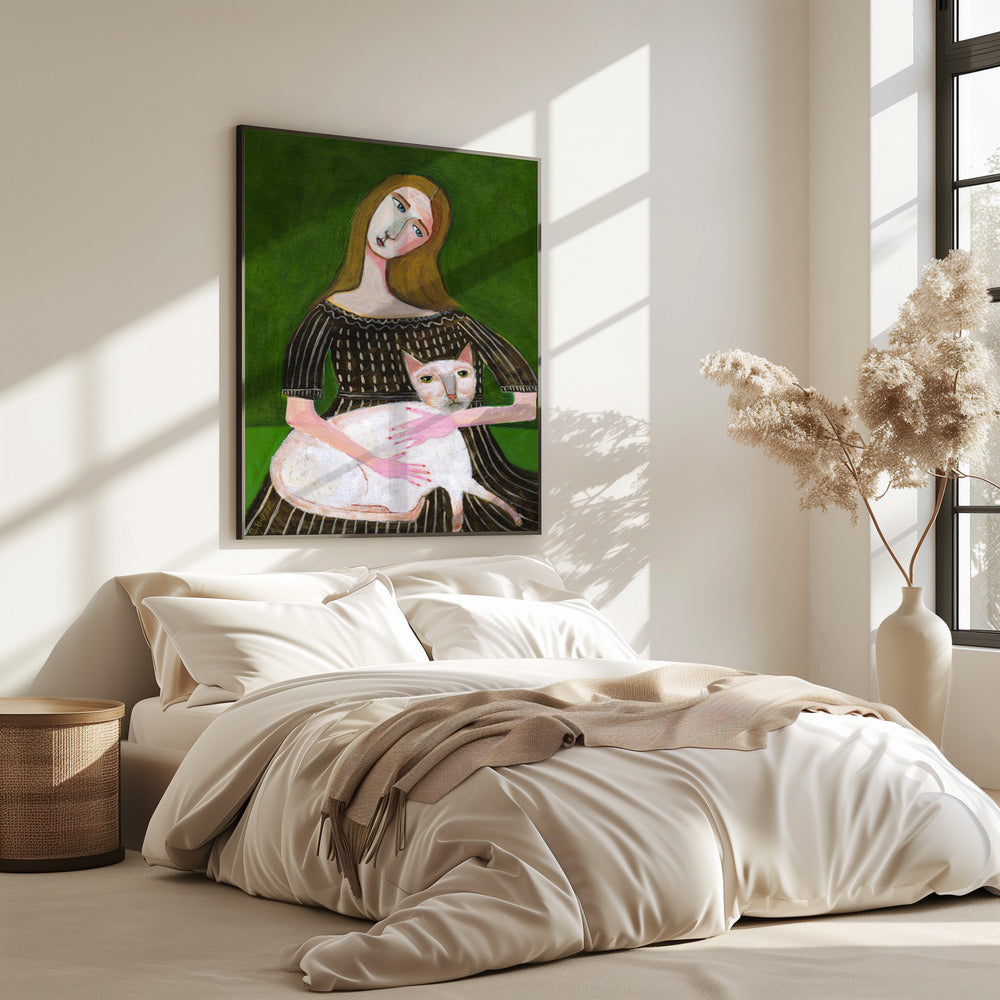Vintage Dame mit weißer Katze | Poster