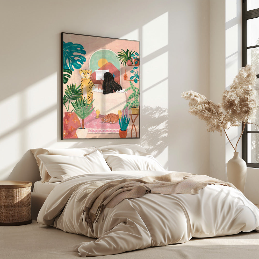 Frau badet in rosa tropischem Badezimmer | Poster