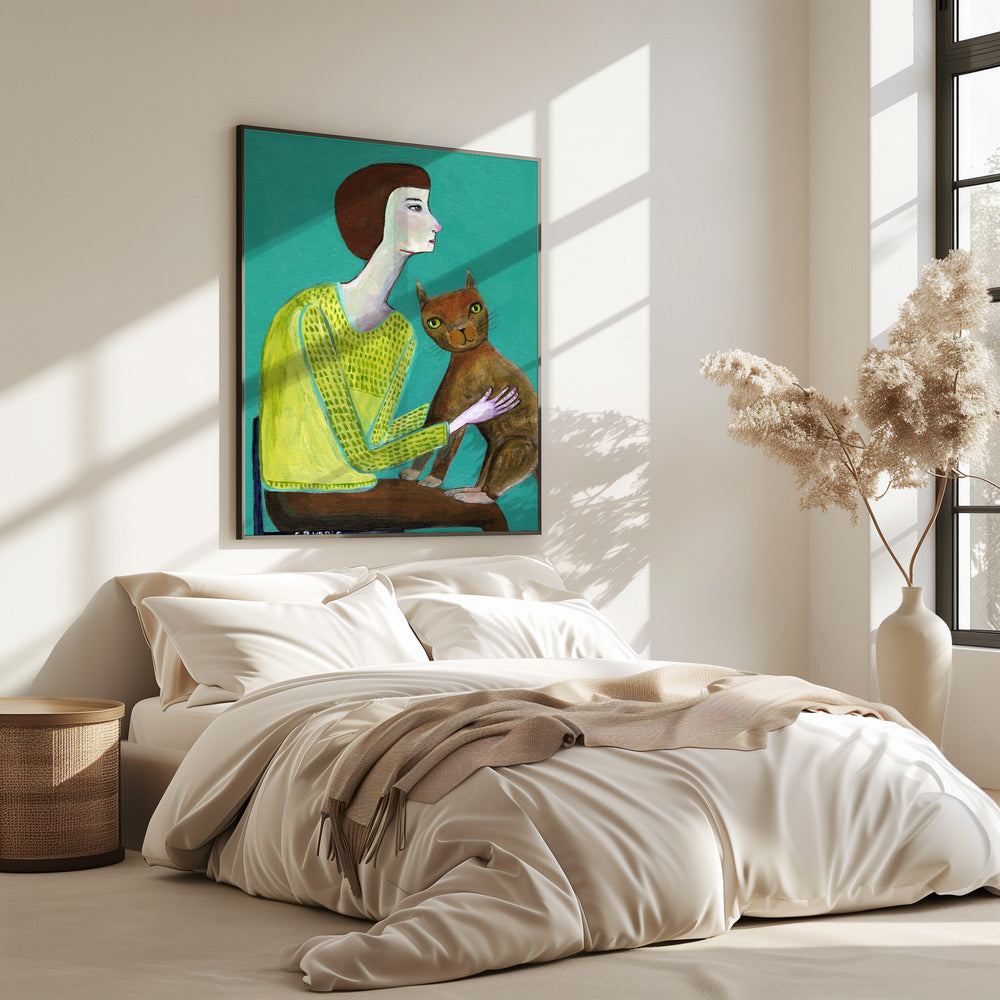 Dame sitzt mit brauner Katze Katzenliebhaber | Poster