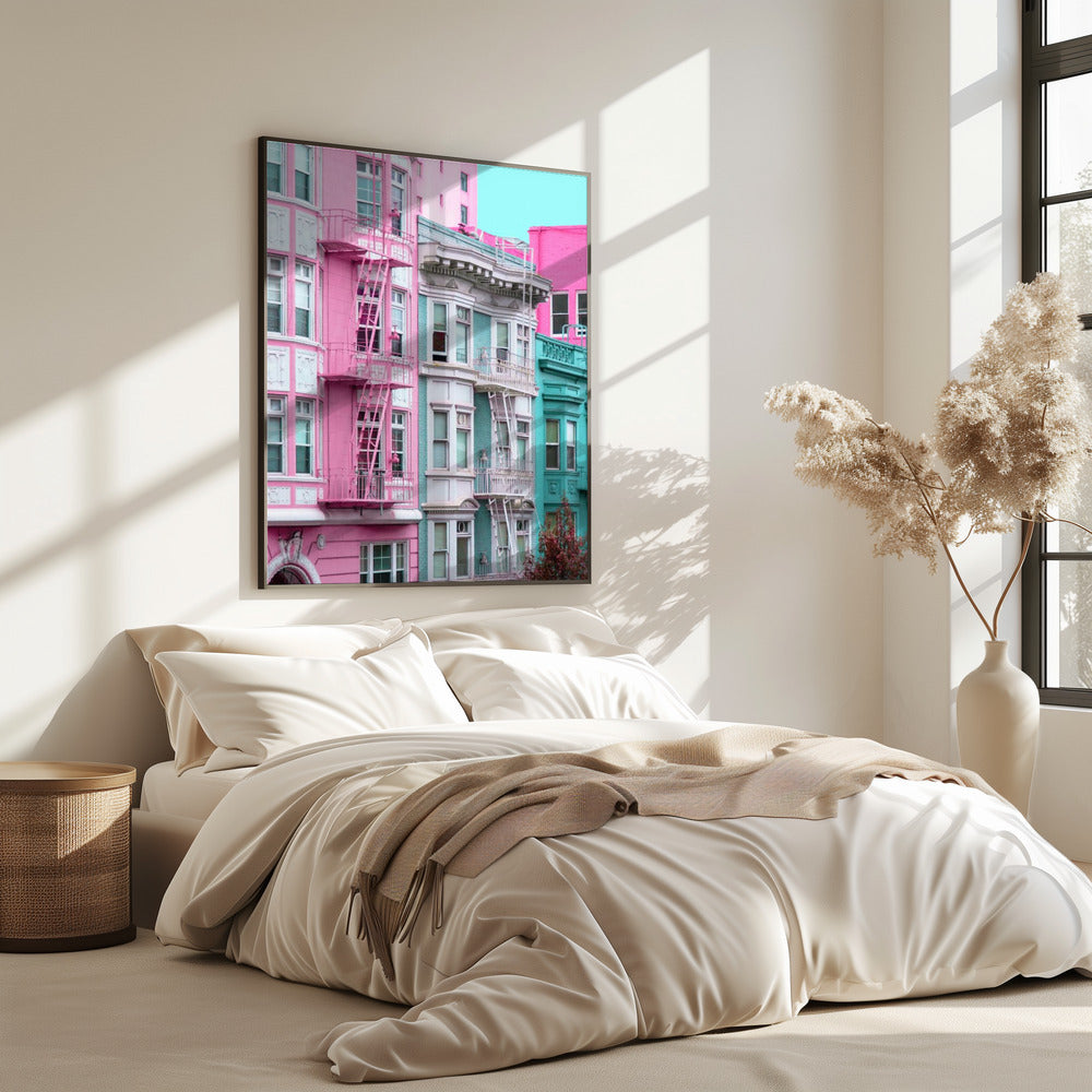 Rosa und blaue Reihenhäuser in San Francisco | Poster