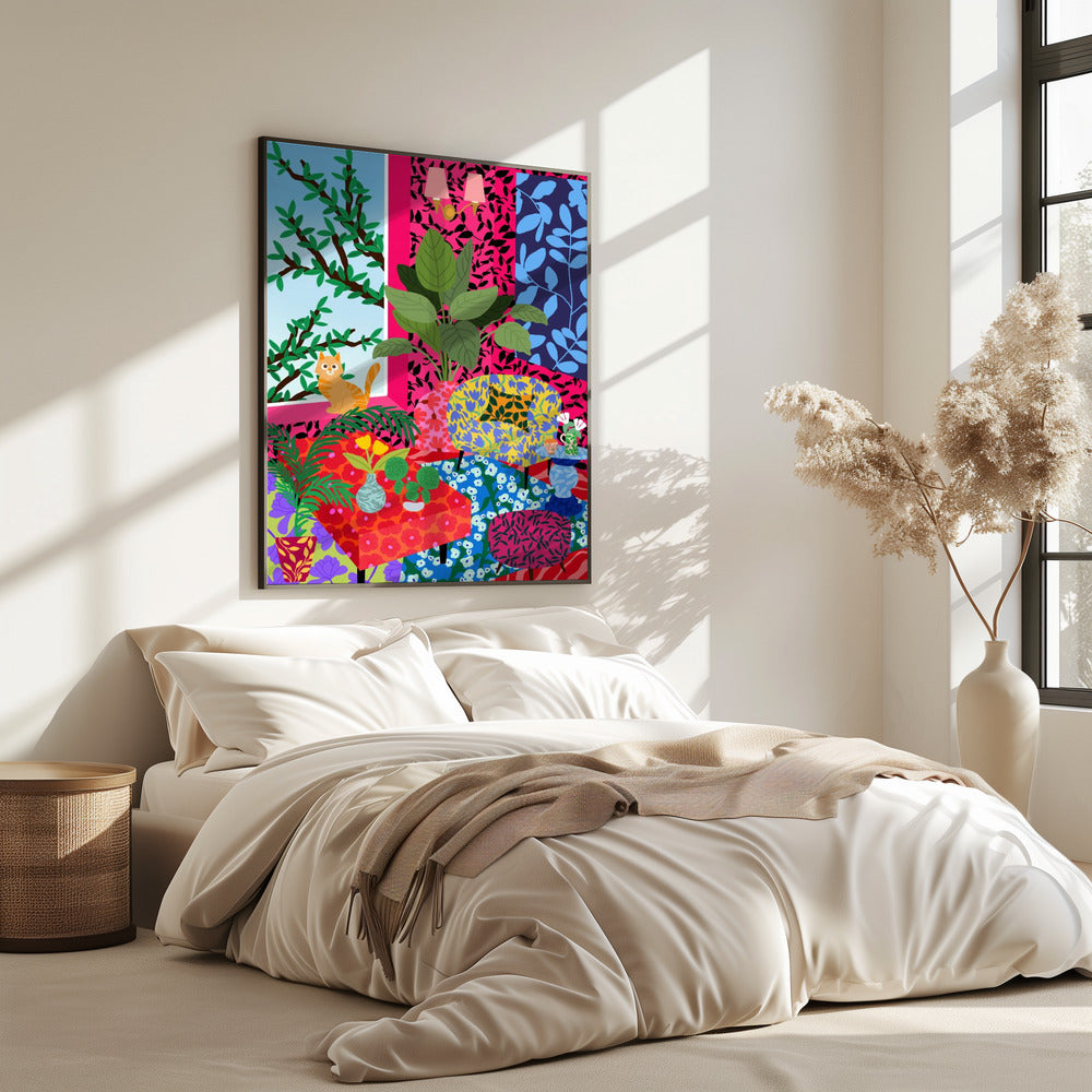 Katze im Flower-Power-Wohnzimmer | Poster