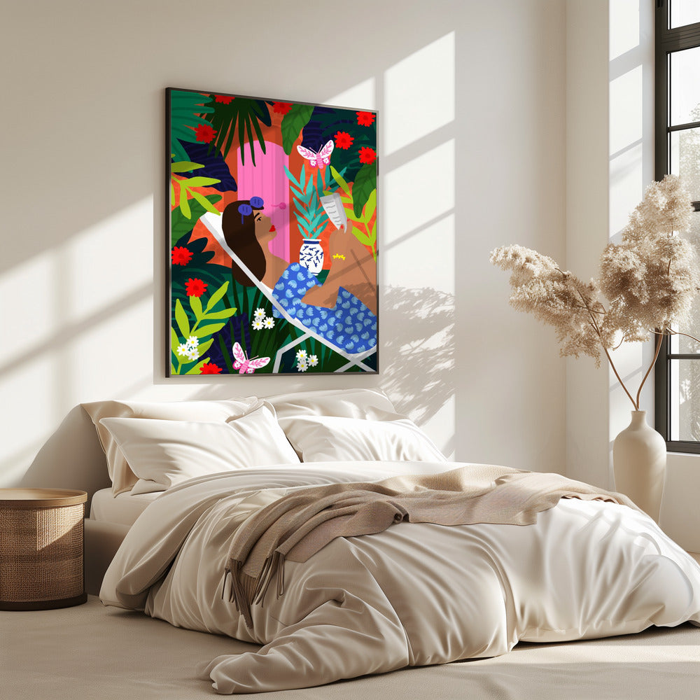 Sonnenbadendes Mädchen mit Blumenmuster | Poster