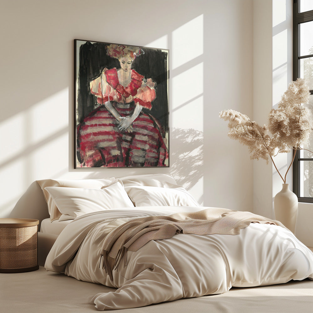 Frau in einem fließenden rot gestreiften Kleid | Poster