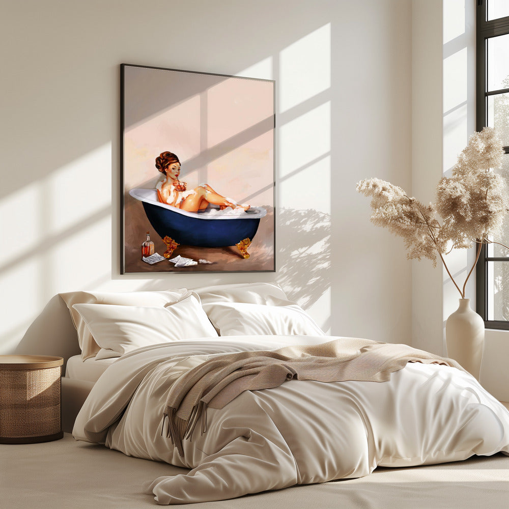 Bathtub Drinks: Pinup Girl Drinking In Bathroom | Poster