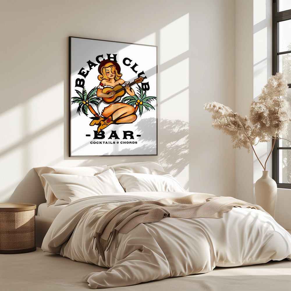 Beach Club Bar. Pin-up-Girl im Sailor Jerry-Stil spielt Gitarre | Poster