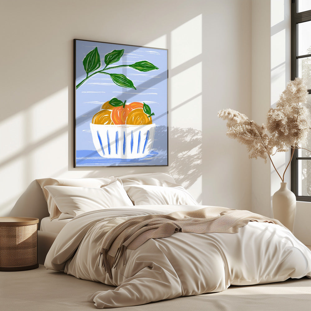 Orangen und Blätter in einer weißen Schüssel | Poster