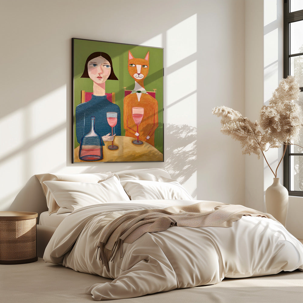 Lady and Cat Drinking Wine | Poster