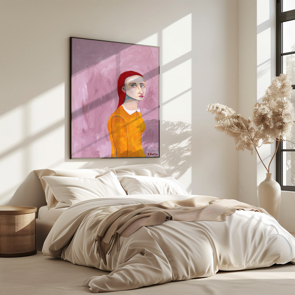 Dame im gelben Kleid und rosa Hintergrund | Poster