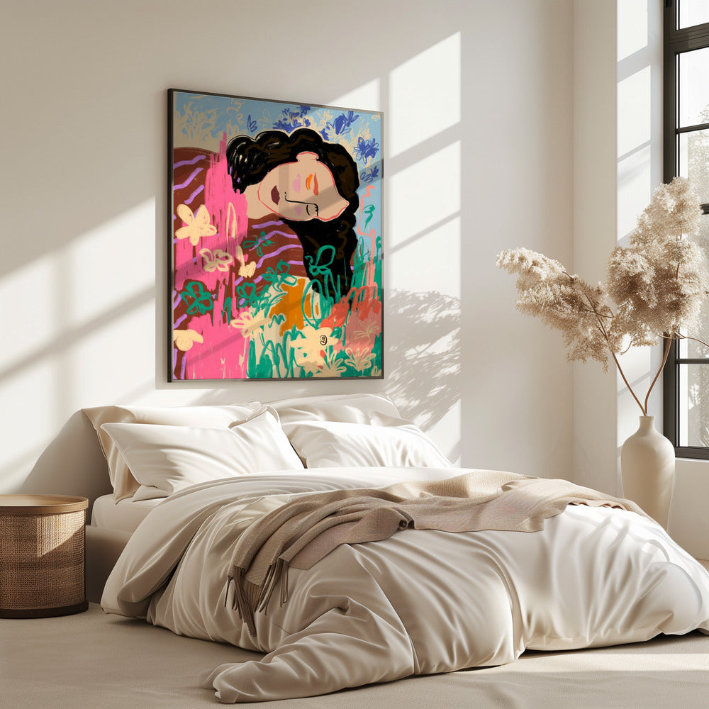 Ausdrucksstarke Figur umgeben von bunten Blumen | Poster