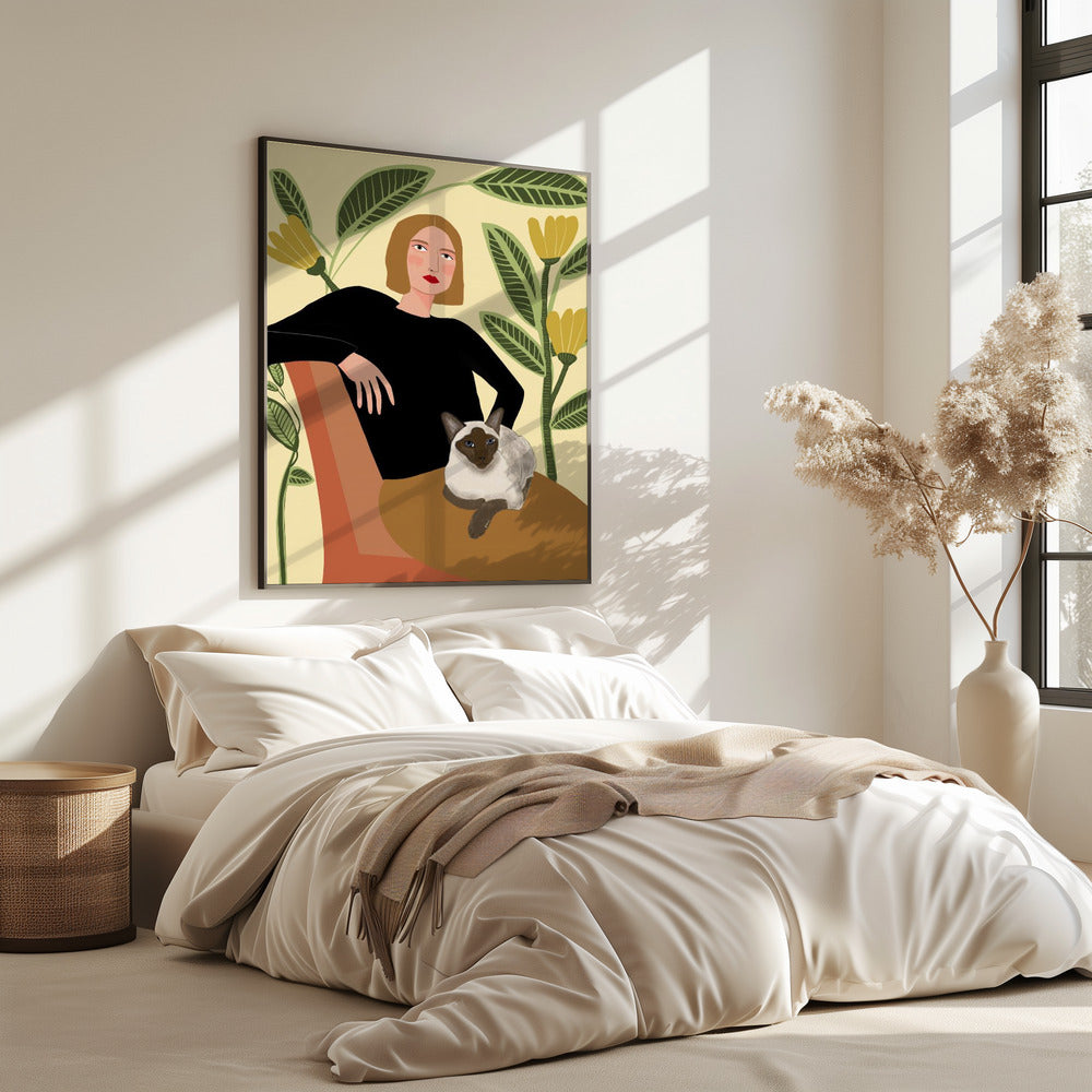 Dame mit Pflanzen und Katze | Poster