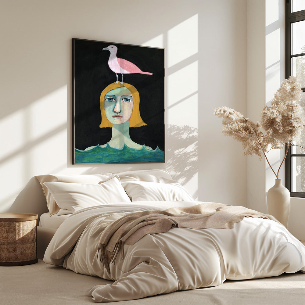 Schwimmendes Mädchen mit rosa Möwe | Poster