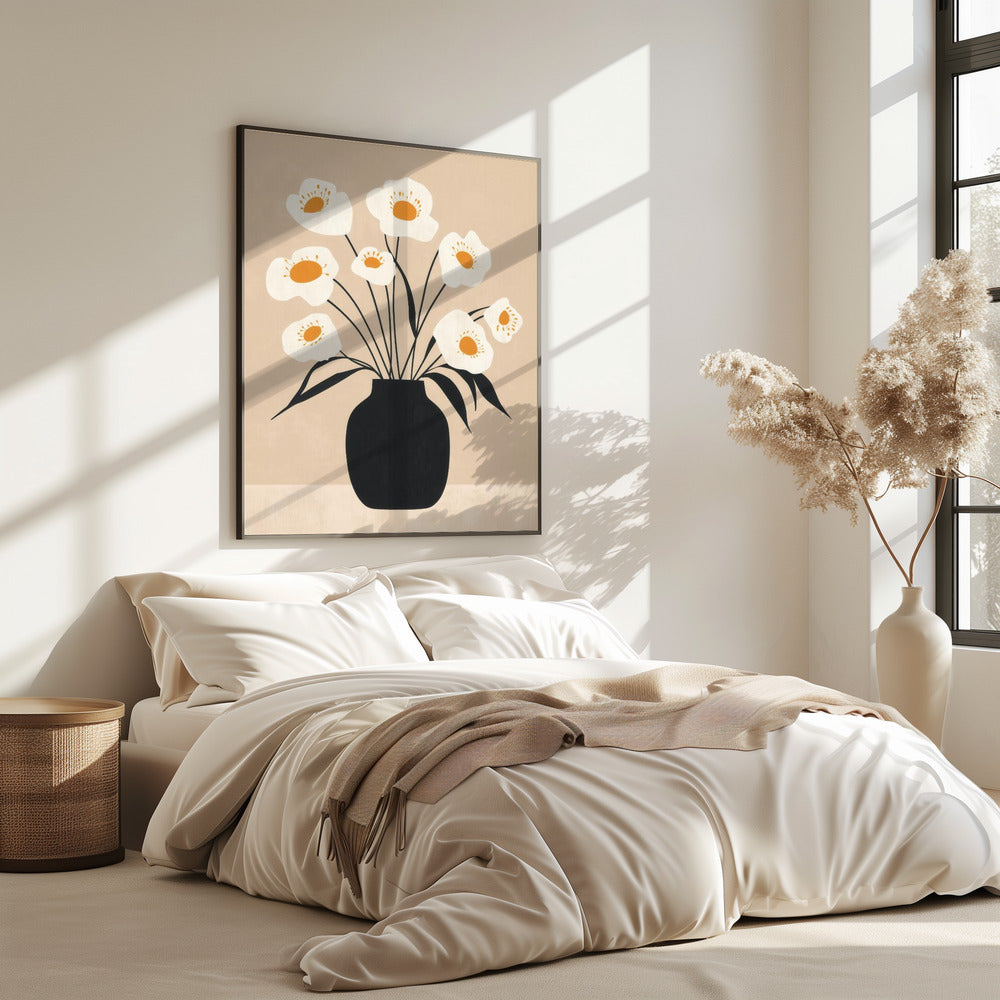 Weiße Blumen in schwarzer Vase | Poster