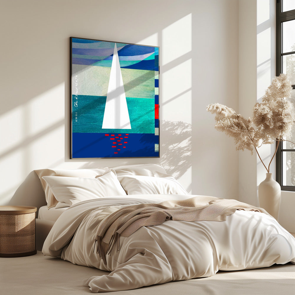 Abstraktes Segelboot an der französischen Riviera, farbenfroher Côte d'Azur-Kunstdruck | Poster