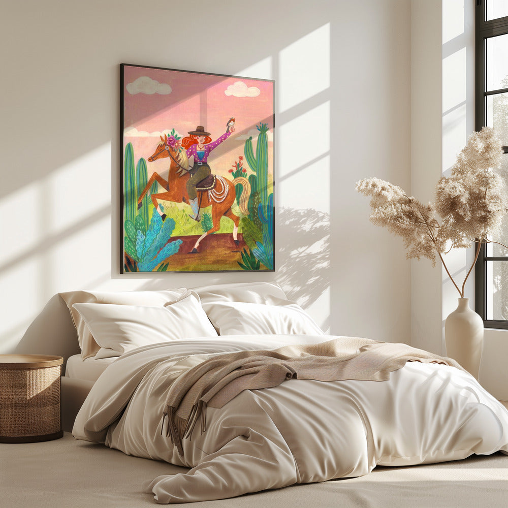 Cowgirl auf Pferd in der Wüste | Poster