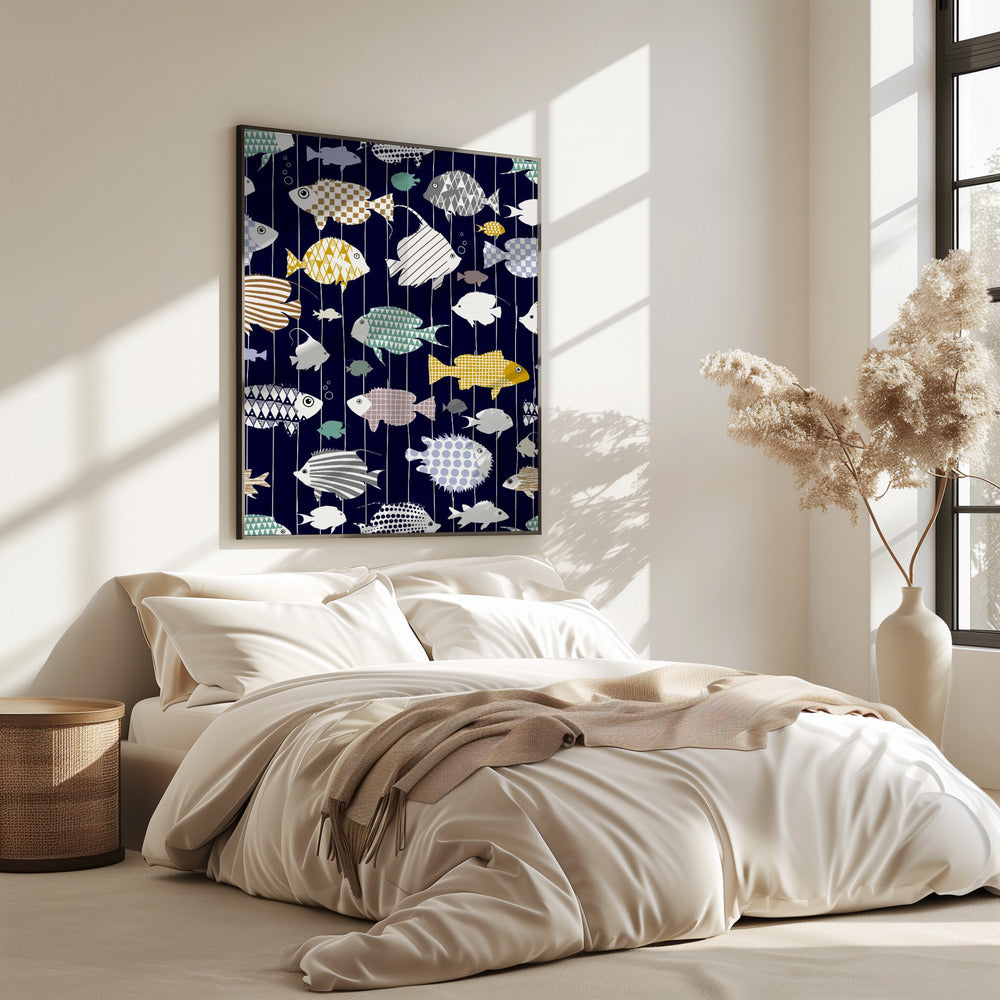 Frischer Fisch auf dunkelmarineblauem Muster | Poster