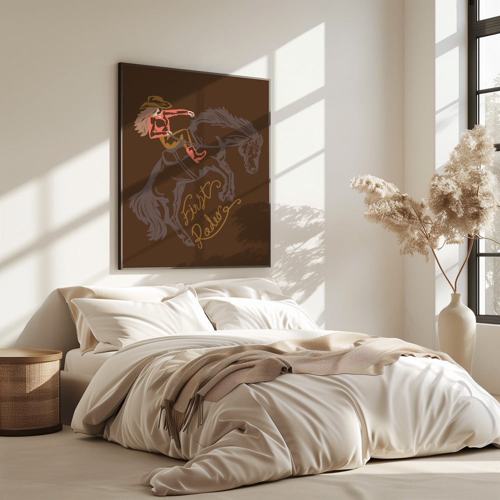 Cowgirl reitet auf einem sich aufbäumenden Pferd | Poster