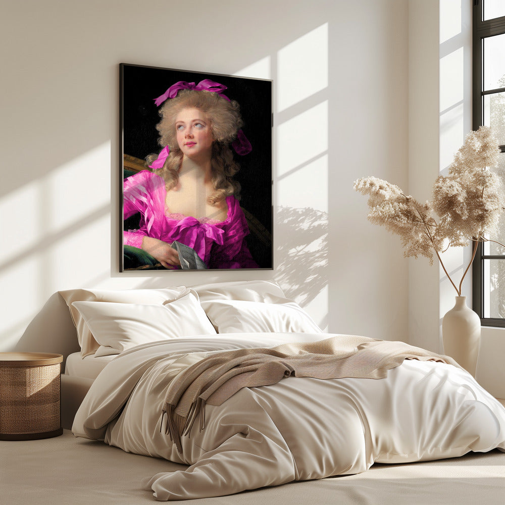 Frau in einem leuchtend rosa Kleid und mit Schleife | Poster