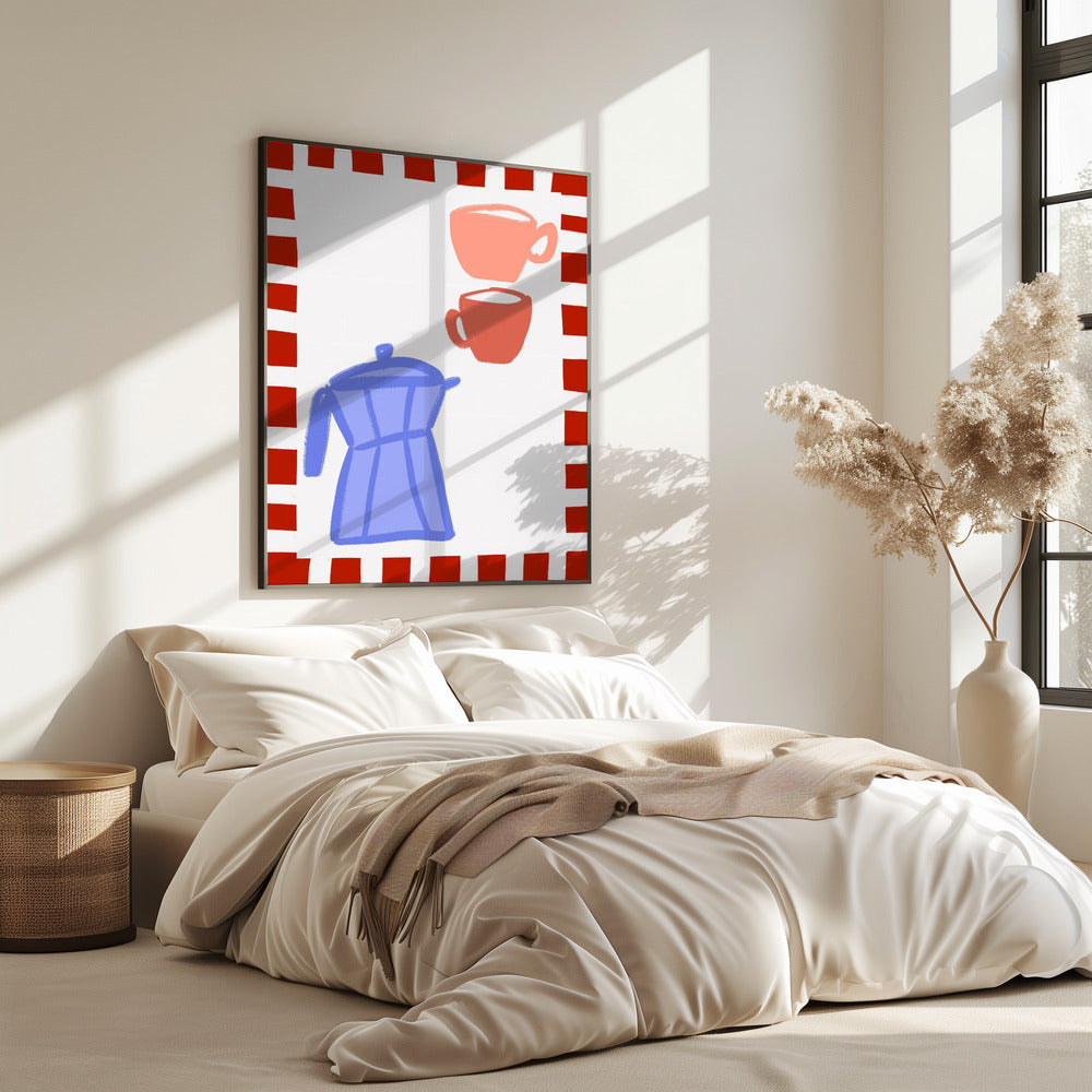 Minimalistische blaue Kaffeekanne und zwei rosa Tassen | Poster