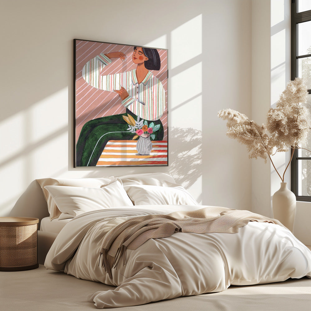 Woman in Stripes Shirt and Green Pants | Poster