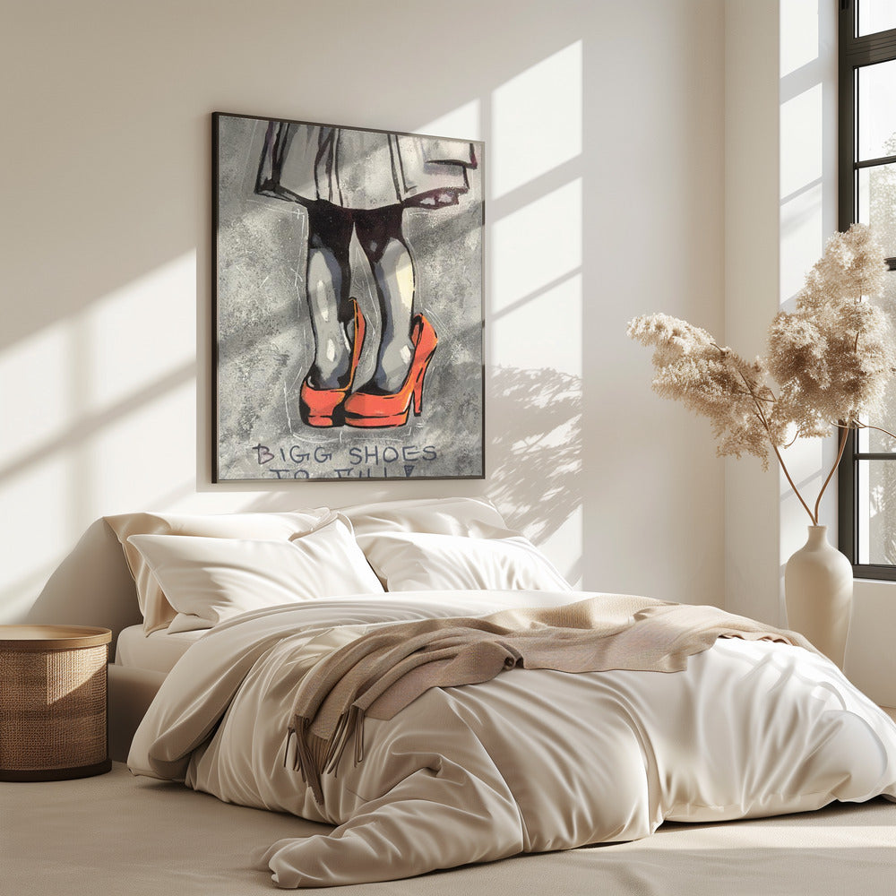 Kind trägt übergroße rote High Heels | Poster