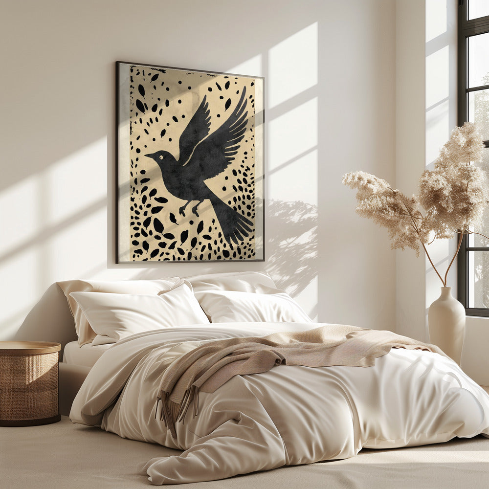 Vogel im Flug, umgeben von verstreuten Blättern | Poster