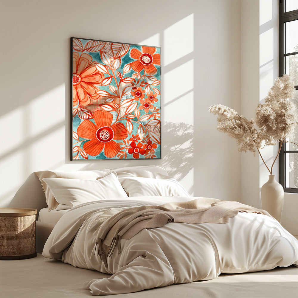 Rote Gänseblümchen mit Aqua | Poster
