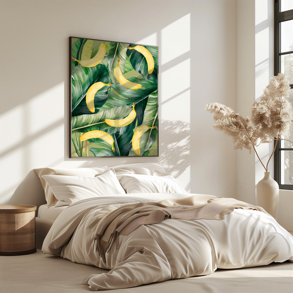 Fresh Banana & Lush Tropical Leaves Aesthetic Pattern - Natural Watercolor Design | Poster