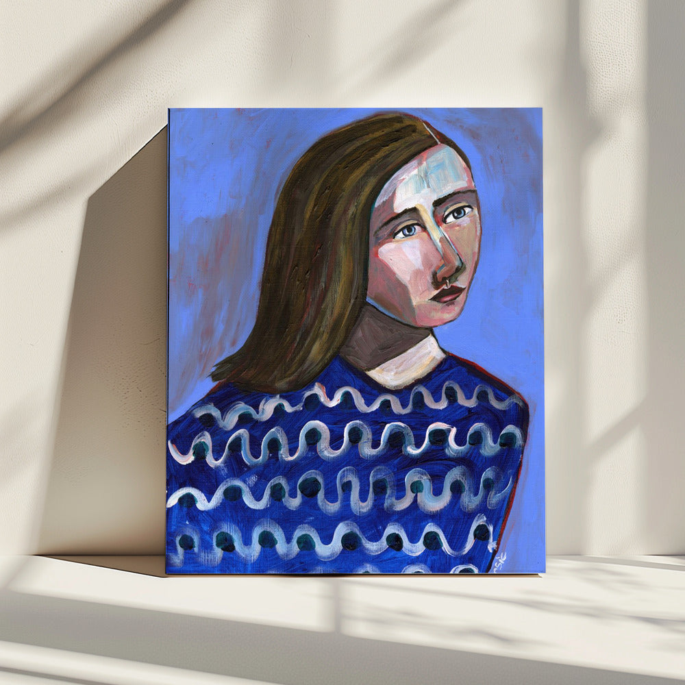 Frau im blauen Pullover Naives Porträt Figurativ | Leinwand