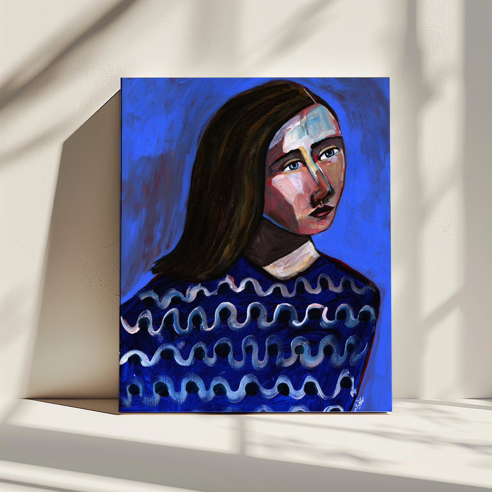 Frau im blauen Pullover Naives Porträt Figurativ | Leinwand