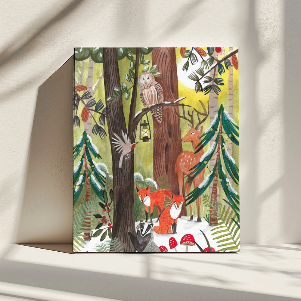 Grüner Weihnachtswald mit Tieren | Leinwand