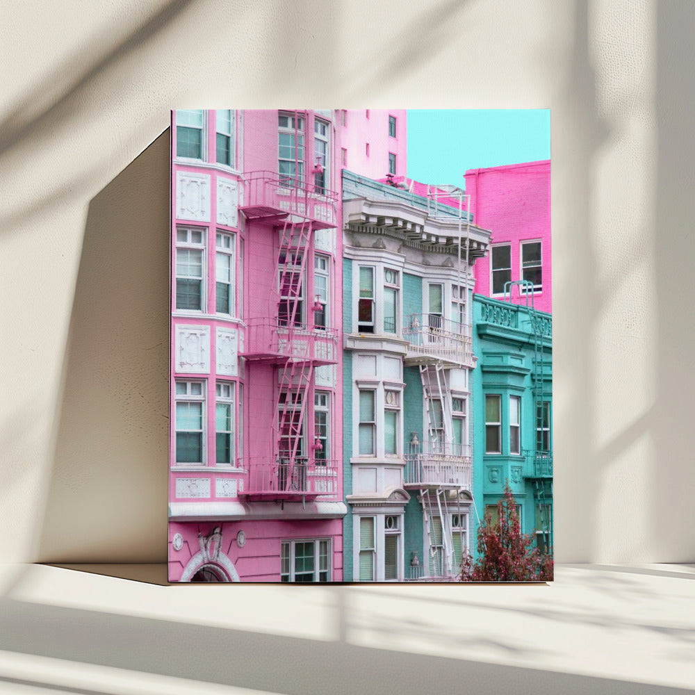 Rosa und blaue Reihenhäuser in San Francisco | Leinwand