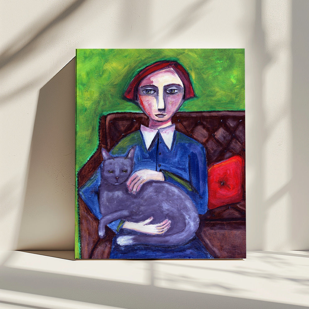 Dame auf der Couch mit Katze | Leinwand