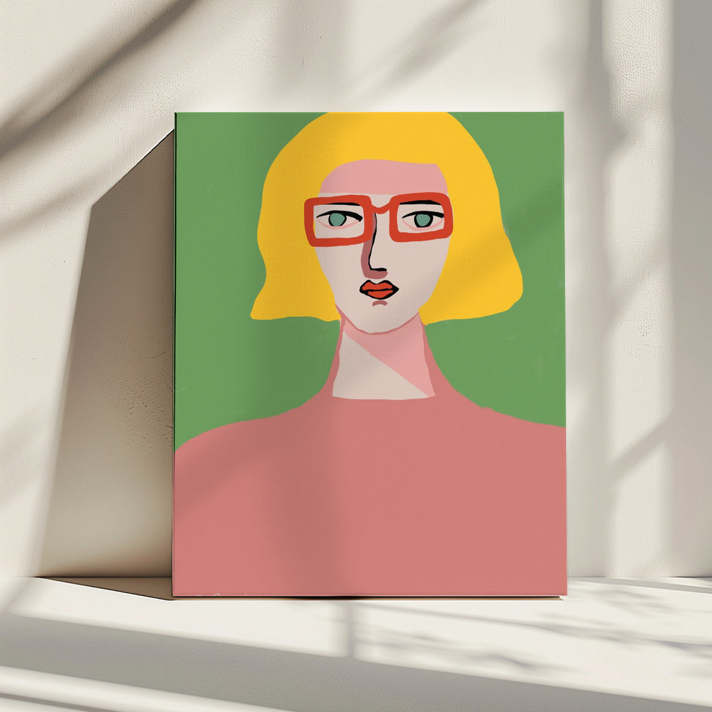 Dame mit goldenem Haar und roter Brille | Leinwand