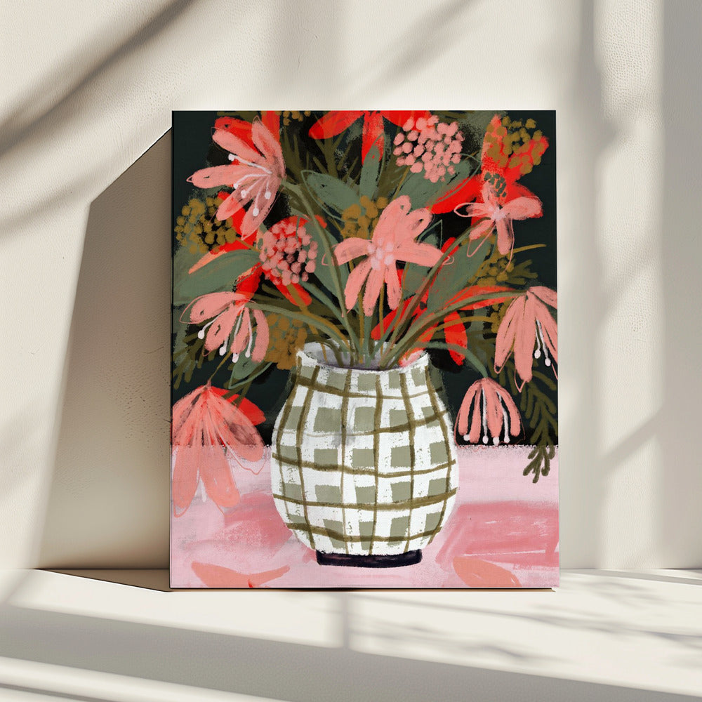 Blütenblätter in gemusterter Vase | Leinwand