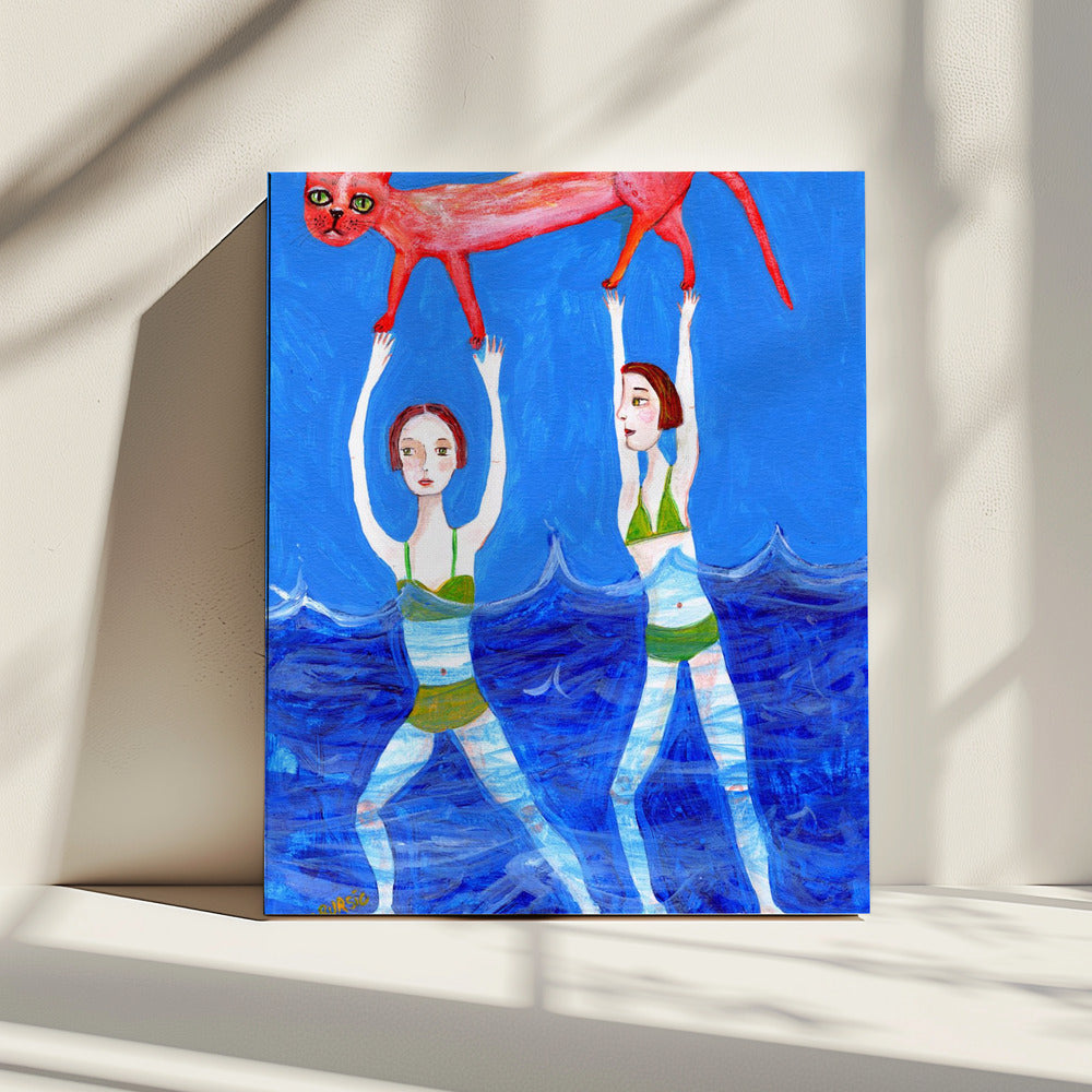 Zwei Schwimmer mit rosa Katze | Leinwand
