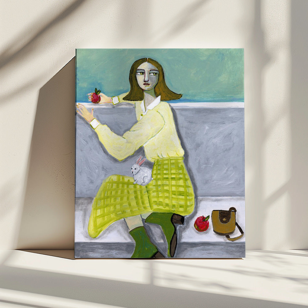 Dame und der Hase mit Apfel | Leinwand