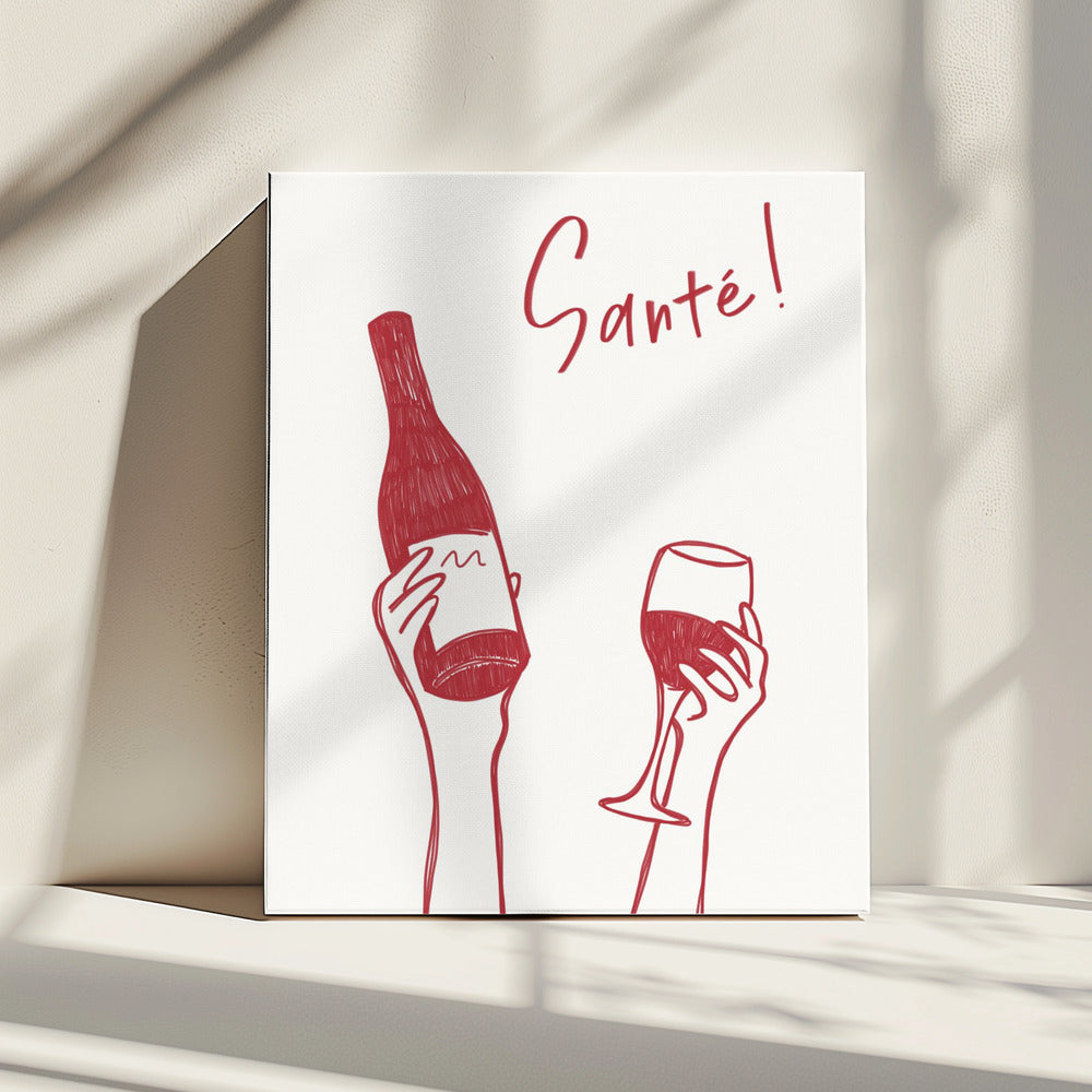 Hands holding a wine bottle and a wine glass with the text "Cheers!" in French | Canvas