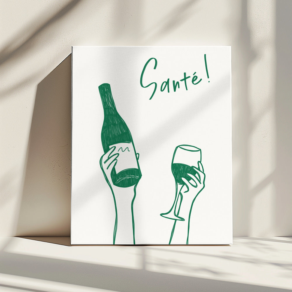 Hands holding a wine bottle and a wine glass with the text "Cheers!" in French | Canvas