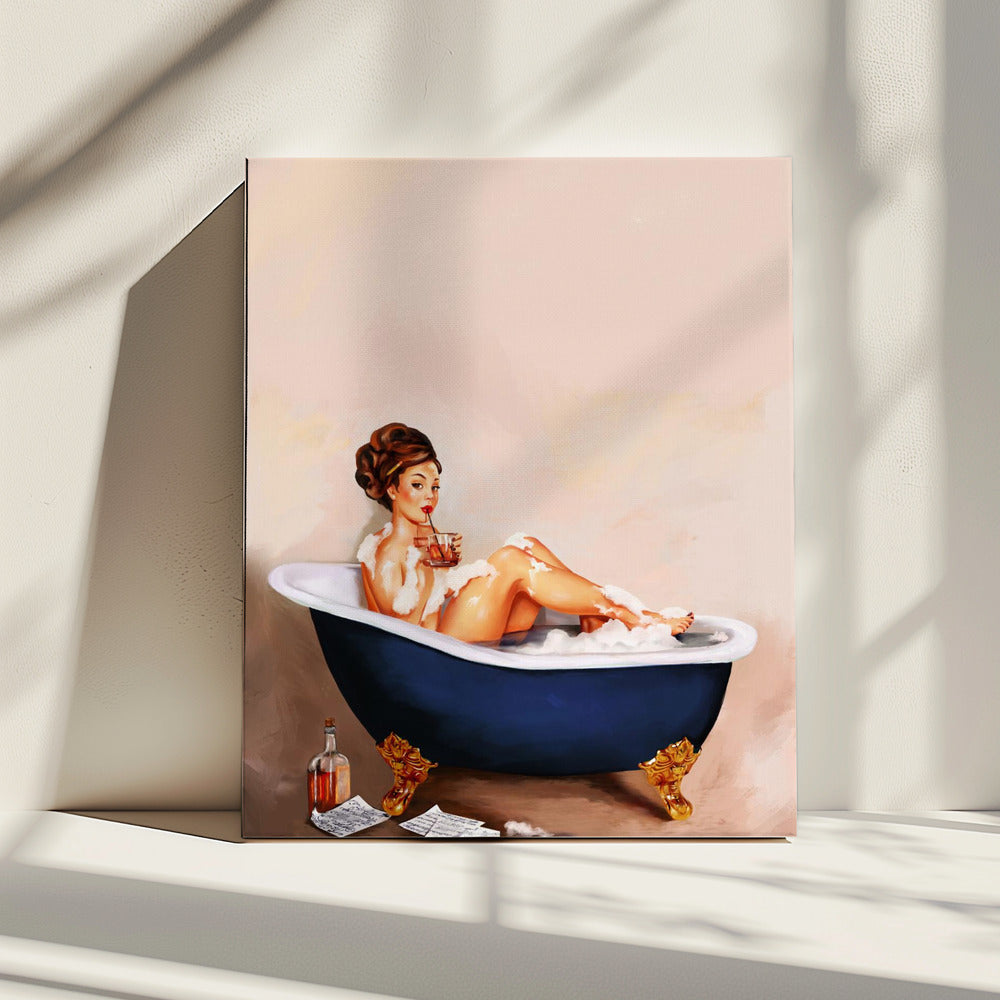 Badewannengetränke: Pinup-Girl trinkt im Badezimmer | Leinwand