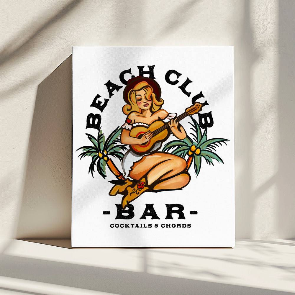 Beach Club Bar. Pin-up-Girl im Sailor Jerry-Stil spielt Gitarre | Leinwand