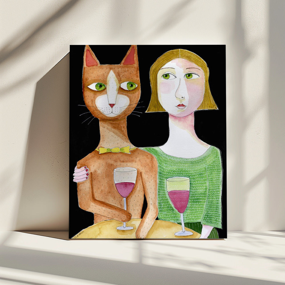 Beste Freunde Katze und Dame trinken Wein | Leinwand